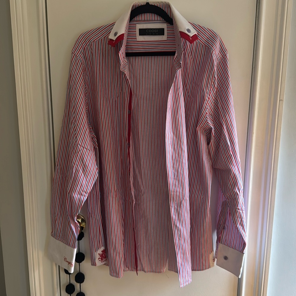 Coogi Luxe XL Double Collar Button Up Red White blue Pinstriped